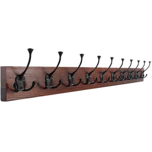 IBosins Brown Wood Wall Mounted Coat Rack, 34" Long with 10 Black Tri-Hooks | Burnt Finish Heavy Duty Wood Coat Hanger, Rustic Coat Hooks Rail for Entryway, Living Room, Coat, Scarf, Bag, Towel, Hat - color: Brown Wood Plate & Black Tri-Hook, size: 1 Item
