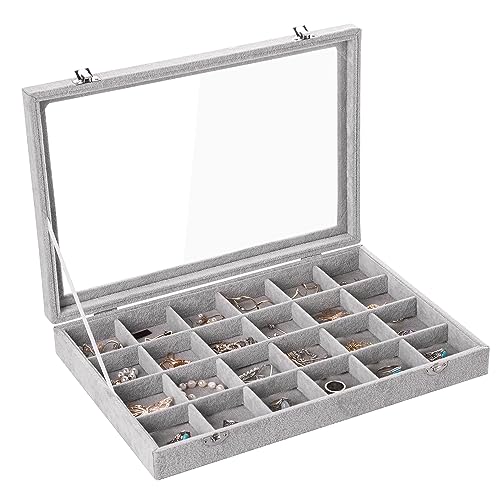 24 Grid Earring Organizer,Velvet Jewelry Tray with Clear Lid | Drawer Jewelry Organizer for Rings Studs Brooch,Adjustable Divider,Dustproof Design,Earring Storage,Trinket Box,13.8×9.5Inch - color: Grey, size: 24 Grid