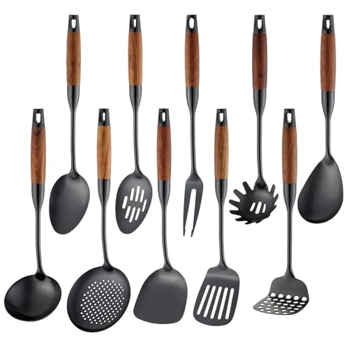 Izurok18/10 Stainless Steel Kitchen Utensils Set,10 Piece Cooking Utensils With Wood Handle,Heat Resistant Kitchen Tool Set With Spatula,Spoon,Ladle,Skimmer,Slotted Turners,Pasta,Turner,Ladl,Fork - color: BLACK-10 Pieces, size: Large