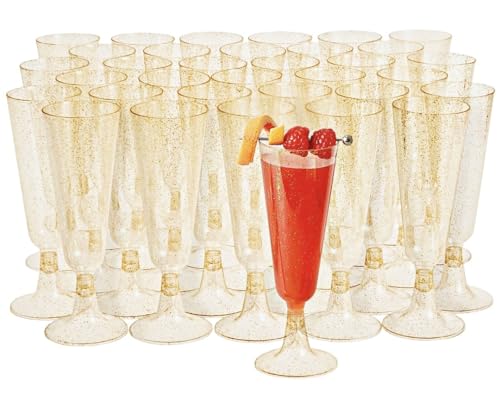 MATANA 50 Premium Plastic Champagne Flutes, Gold Glitter, 5oz - Reusable Cocktail Glasses for Mimosa, Dessert, Wine - Toasting Glasses for Parties, Weddings - color: Gold Glitter, size: 50 Pack