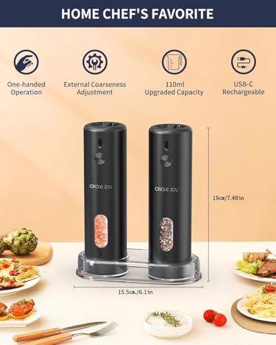 CIRCLE JOY Rechargeable Electric Salt and Pepper Grinder Set with Base, Automatic Pepper Mills with 110ml Container, External Adjustable Coarseness, White Led Light and One-Handed Operation, Black - color: Upgrade Black