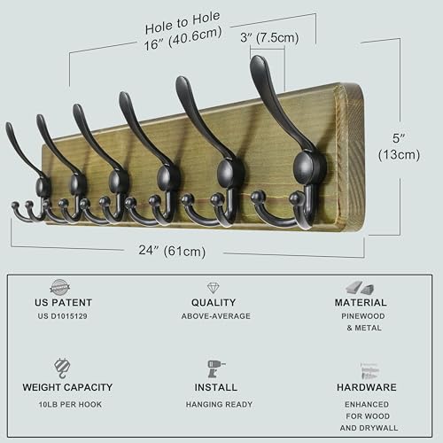 Coat Rack Wall Mounted - 24" Long 6 Tri Hooks, Heavy Duty Wooden Wall Coat Hanger Coat Hook for Clothes Hat Jacket Clothing, Weathered Green and Black - color: Weathered Green & Black, size: L=24"