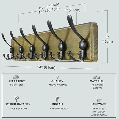 Coat Rack Wall Mounted - 24" Long 6 Tri Hooks, Heavy Duty Wooden Wall Coat Hanger Coat Hook for Clothes Hat Jacket Clothing, Weathered Green and Black - color: Weathered Green & Black, size: L=24"