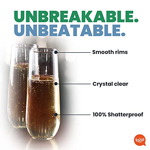 Unbreakable Stemless Champagne Flutes 9oz Set of 2, Shatterproof Tritan Plastic Glasses, Reusable Dishwasher Safe Flute, Wedding, Bachelorette, Travel & Poolside Champagne Glasses