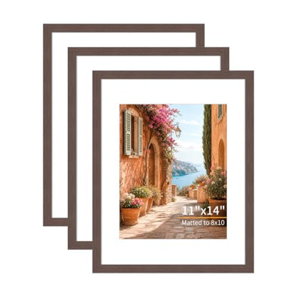 11x14 Picture Frames Set of 3 Mahogany Photo Frame Wall Table Display | Sturdy MDF 11x14 frames with mat clear plexiglass Hangs on wall stands table family pics weddings diplomas home or office - color: Mahogany, size: 11x14