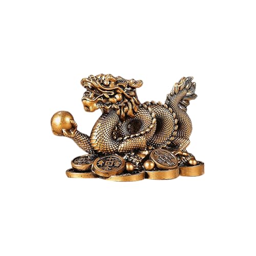 Feng Shui Dragon Statue- Chinese Dragon on Ancient Coins Figurine Ornament Attract Wealth and Good Luck Office Home Decor (Bronze) - color: Bronze