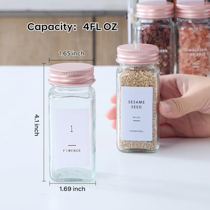 48 Pcs Glass Spice Jars with Labels, Seasoning Containers with Pink Lids | Airtight spice bottles Keep Fresh,4oz Spice Containers with Shaker Lids, Funnel for Spice Rack,Kitchen Spice Drawer Organizer