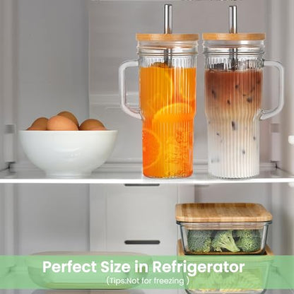 24oz Ribbed Glass Tumbler With Handle,4Pack Glass Cup with Lids and Straws,Reusable Glass Iced Coffee Cups With lids,Mason Jar Cup&Drinking Glasses for Smoothie,Shake,Juice,Soda Water,Tea,Travel