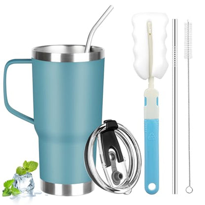 20 oz Tumbler with Handle, Stainless Steel Insulated Tumbler with Lid and Straw, Double Wall Vacuum Coffee Mug Tumbler, Insulated Coffee Thermal Cup for Cold and Hot (Maya Blue) - color: Maya Blue, size: 20 Ounces