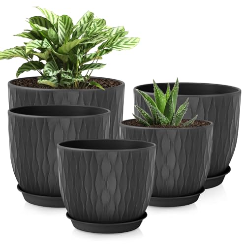 Plastic Plant Pots 10/9/8/7.5/7 inch Set of 5, Flower Planters with Drainage Holes and Saucers, Plastic Pots for Indoor Outdoor Plants, Livingroom Garden Decor (Black) - color: Black