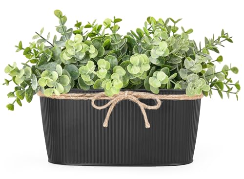 Dahey Artificial Fake Plants Indoor for Farmhouse Table Laundry Room Decor | Realistic Eucalyptus, Metal Rustic Rectangular Pot, Table Centerpiece for Bathroom Kitchen Shelf Office Living Room, Black - color: Black