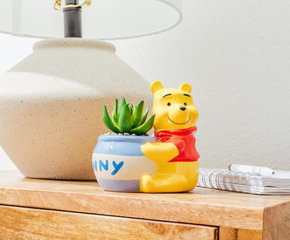 Silver Buffalo Disney Winnie the Pooh Hunny Pot 5-Inch Ceramic Mini Planter with Artificial Succulent | Cute Flower Pot, Faux Indoor Plants