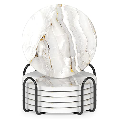 Coasters for Drinks, Set of 6 Cute Absorbent Ceramic Drink Coasters | Set of 6 Absorbent Ceramic Drink Coasters with Holder and Cork Base, Kitchen Home Decor Housewarming Gift, Round 4 in - color: Luxury White Gold Marble 01