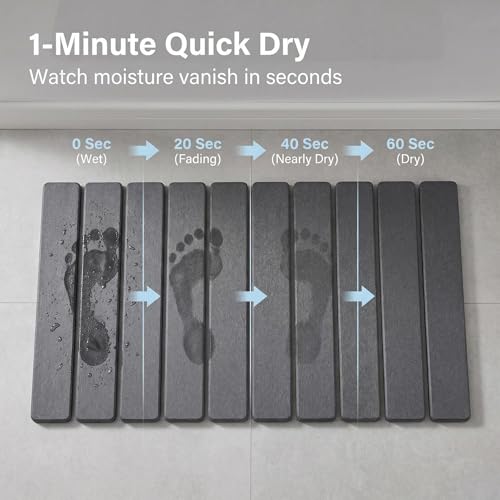 Foldable Stone Bath Mat, Quick-Dry Non-Slip Diatomaceous Earth Mat, Space-Saving Absorbent Shower Mat for Bathroom, Non-Slip Rubber Base,Easy to Clean, 23.6" x 15.5" Grey