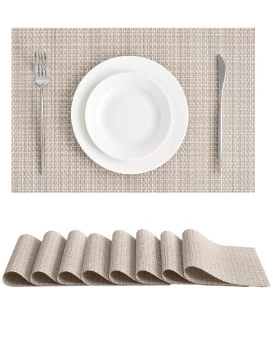 Leetaltree Woven Vinyl Placemats Set of 8, Beige | High Density, Basketweave Woven, Stain Resistant, Easy to Clean, Washable Table Mats for Indoor Dining and Outdoor Patio - color: 00- Beige, size: Set of 8