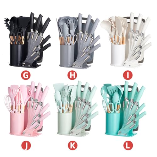 Kitchen Cooking Utensils and Knife Set with Block, 19 Pieces Cooks Cutting Set 11 Silicone Utensils Tool 5 Pcs Sharp Stainless Steel Chef Knives Scissors Whisk Tongs and Cutting Board (Teal) - color: Teal