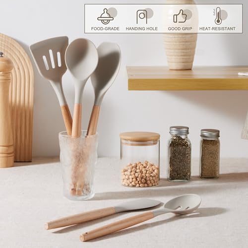 E-far Silicone Cooking Utensils Set, 10-Piece Heat Resistant Kitchen Utensils Set with Wooden Handle for Nonstick Cookware, Kitchen Nonstick Tools Spatula Whisk Tongs Ladle, Non-toxic & Healthy(Khaki) - color: Khaki, size: 10