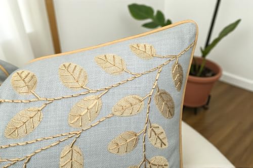 Rudransha Hand Embroidered Cotton Lumbar Pillow Cover - 12x20 Robin’s Egg Botanical Leaf Accent - Hazel Leaves - color: Robins Egg-hazel, size: 20" x 12" (Pack of 1)