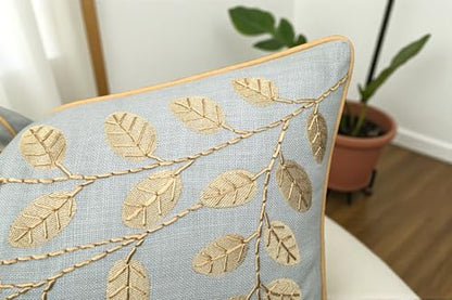 Rudransha Hand Embroidered Cotton Lumbar Pillow Cover - 12x20 Robin’s Egg Botanical Leaf Accent - Hazel Leaves - color: Robins Egg-hazel, size: 20" x 12" (Pack of 1)
