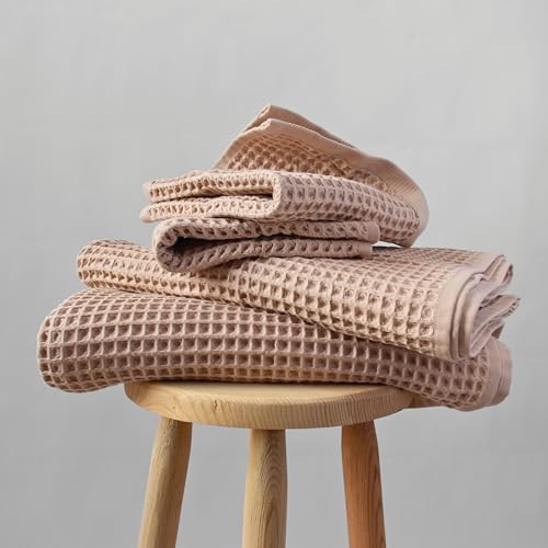 PÜSKÜL - Turkish Waffle Weave Towel Set - 100% Turkish Cotton Long-Staple Cotton, 4-Piece Bathroom Set (2 Bath, 2 Hand Towels) - Made in Turkey (Beige, Towel Set - 2 Hand & 2 Bath Towels) - color: Beige, size: Towel Set - 2 Hand & 2 Bath Towels