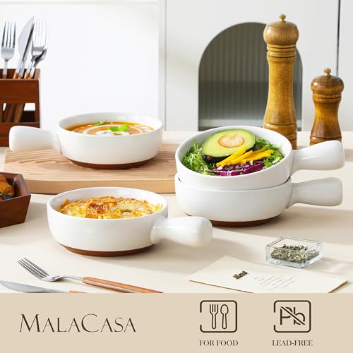 MALACASA 23 Oz French Onion Soup Bowls With Handles, Ceramic Soup Crocks for Cereal, Pasta, Beef Stew, Chilli, Oven Microwave Dishwasher Safe, Set of 4, White, Series TARA - color: White
