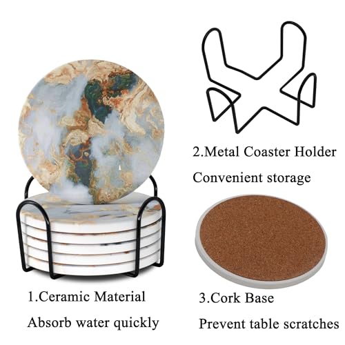 White Marble Ceramic Coasters with Holder Absorbent Drink Coaster Set Outdoor Round Abstract Cute Table Decorative Coffee Cup Beverage Fun Wine Beer Bar Gold Housewarming 6 Pack - style: White Gold