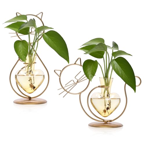 Plant Terrarium Propagation Station Gifts for Women Cat Lover | Plant Lovers Home Office Decor Cat Desk Accessories - color: Gold Gold