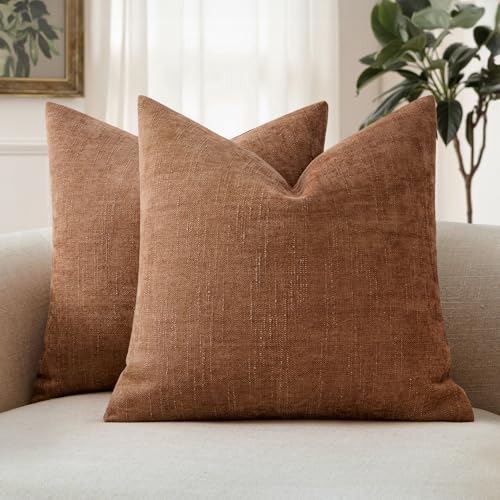 MIULEE Textured Chenille Throw Pillow Covers 18x18 Inch Pecan Brown | Pack of 2 Decorative Soft Throw Pillows, Solid Textured Cushion Covers, Modern Home Decor for Couch Sofa Bedroom Living Room - color: Pecan Brown, size: 18" x 18" (Pack of 2)