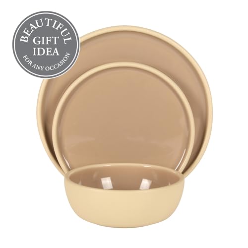 Gibson Elite - Made in Portugal - Port Gaia 12 Piece (Service for 4) Plates and Bowls Reactive Glaze Dishes Stoneware Ceramic Dinnerware Set - Taupe - color: Taupe (12pc Dinnerware Set)