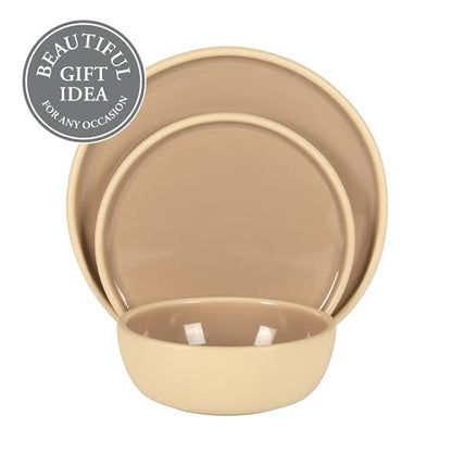 Gibson Elite - Made in Portugal - Port Gaia 12 Piece (Service for 4) Plates and Bowls Reactive Glaze Dishes Stoneware Ceramic Dinnerware Set - Taupe - color: Taupe (12pc Dinnerware Set)