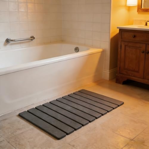 Foldable Stone Bath Mat, Quick-Dry Non-Slip Diatomaceous Earth Mat, Space-Saving Absorbent Shower Mat for Bathroom, Non-Slip Rubber Base,Easy to Clean, 23.6" x 15.5" Grey