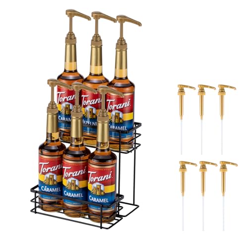Coffee Syrup Organizer, 6 Bottle Syrup Rack Stand, 2 Tier | Coffee Bar Storage Organizer with Pump, Wine Dressing Holder for Countertop Kitchen, Black - color: 6 Bottle Capacity