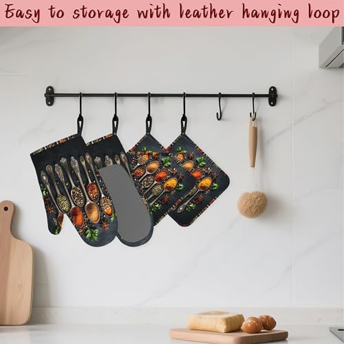 Cooking Herbs Spices Heat-Resistant Silicone Oven Mitts and Pot Holders 4 Piece Set,Extra Long Non-Slip Kitchen Oven Gloves for Cooking, Baking, BBQ,Grilling - color: Cooking Herbs Spices
