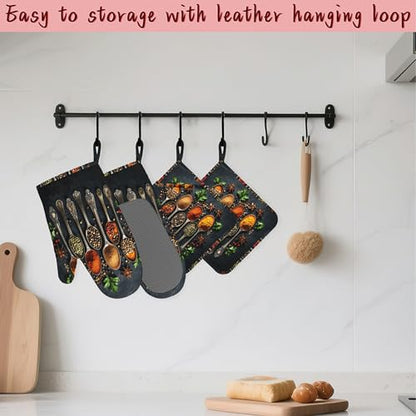 Cooking Herbs Spices Heat-Resistant Silicone Oven Mitts and Pot Holders 4 Piece Set,Extra Long Non-Slip Kitchen Oven Gloves for Cooking, Baking, BBQ,Grilling - color: Cooking Herbs Spices