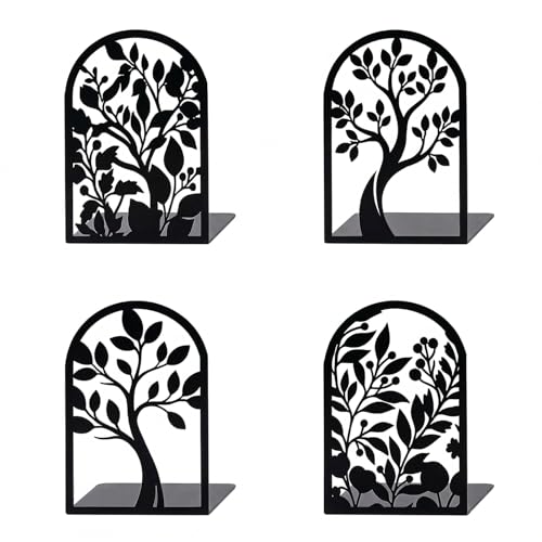 Sanwarm Bookends, 4 Pcs, Metal for Home Office Desk Shelves Botanical Tree | Decorative Book Ends Non-Skid Book Stoppers Holder 2 Pair Gifts for Reading Enthusiasts Library Decor - color: Tree