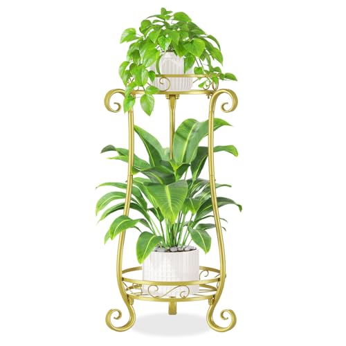 iDavosic.ly 2 Tier Tall Metal Plant Stand Outdoor Indoor, 27 Inch, Gold | Corner Flower Pot Holder Shelf, Wrought Iron Vertical Display Rack for Patio Porch Garden, Heavy Duty, Sturdy, Space Saving - color: Gold, size: 2 Tiers