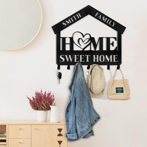 Personalized Key Holder for Wall - Custom Name Sweet Home Key Rack, Wall Mount Coat Rack, Hanger for Bedroom Entryway, Housewarming Gifts - color: 06 Home
