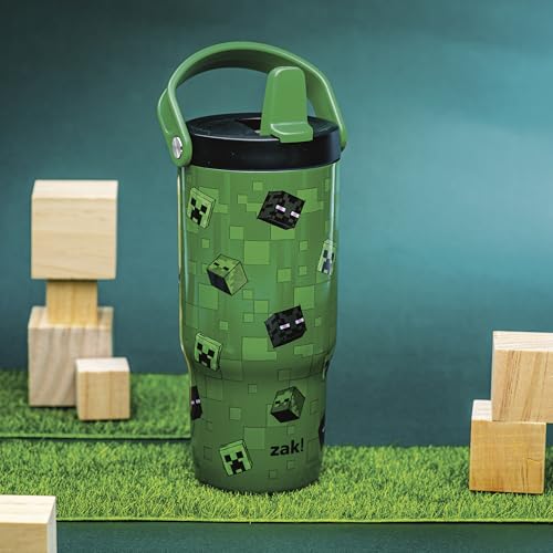 Zak Designs Minecraft Siply 20oz Leak-Proof Flip-Up Straw Insulated Tumbler | BPA Free, Stainless Steel, Handle, Cupholder Friendly, Dishwasher Safe, Kids Water Bottle, Reuseable For School, Home, Travel - color: Minecraft