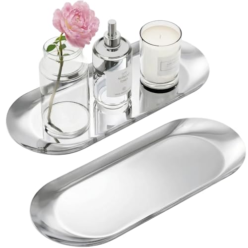 Silver Decorative Tray, 2 PCS Bathroom Vanity Tray for Dresser Counter, Elegant Jewelry Dish Tray for Decor, Silver Platter Serving Tray Organizer for Perfume Trinket Key Candle, Stainless Steel, Oval - color: Silver