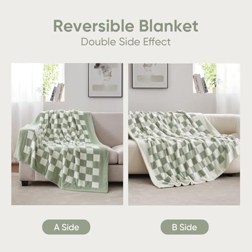 Snuggle Sac Checkered Bedding Blanket Twin Size 60x80, Super Soft Cozy Warm Knit Blankets, Reversible Breathable Lightweight Fluffy Throws for Sofa, Bed, Checkered Sage Green, 60x80 Inches - color: Checkered Sage Green, size: Twin(60"x 80")