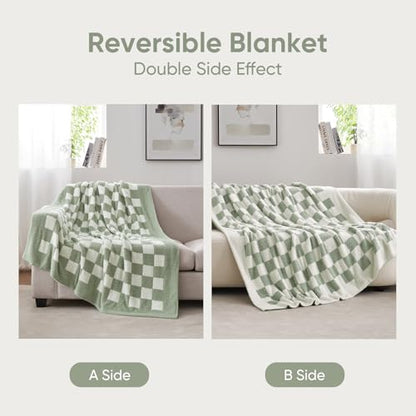 Snuggle Sac Checkered Bedding Blanket Twin Size 60x80, Super Soft Cozy Warm Knit Blankets, Reversible Breathable Lightweight Fluffy Throws for Sofa, Bed, Checkered Sage Green, 60x80 Inches - color: Checkered Sage Green, size: Twin(60"x 80")