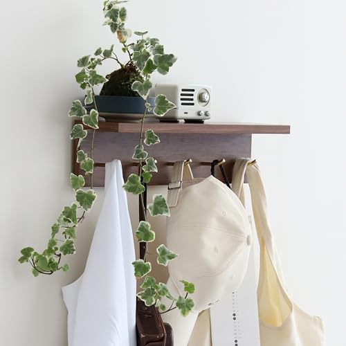 Marine Plywood Wall Mounted Coat Rack with Shelf & Key Hooks, 5 Brass Hooks Entryway Organizer, Modern Floating Shelf for Bedroom Hallway, Space-Saving Home Storage Rack (1, Walnut Finish) - color: Walnut Finish
