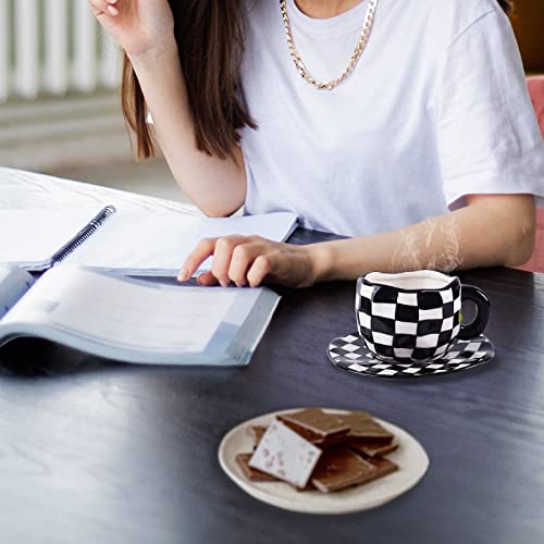 Koythin 10oz Ceramic Coffee Mug With Saucer, Black White Plaid Latte Cup | 300ml Drinkware, Microwave & Dishwasher Safe; Daily Office Cup, Sweet Gift For Women - color: Black and White Plaid