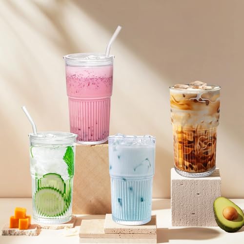 Luiaiog 18.5oz Glass Cups with Lids and Straws - Set of 4 Reusable Tumblers, Thickened Shatter-Resistant Glass, Ideal for Iced Coffee, Smoothies, Cocktails, Juices - Elegant & Durable Drinkware - color: Clear 4pcs 18.5oz
