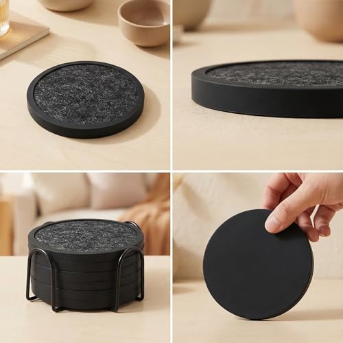 Absorbent Coasters for Drinks with Holder - 6packs, Silicone Coaster with Soft Felt Insert (4.3 inch Coasters with 4.5 inch Holder, Black and White) - color: Black and White