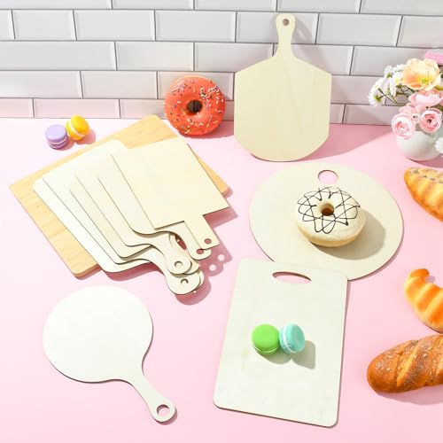 10 pcs 10 Styles Wooden Mini Cutting Board with Handle Unfinished Rectangle Round Wooden Craft Paddle Boards for DIY Home Kitchen Fruit Decor