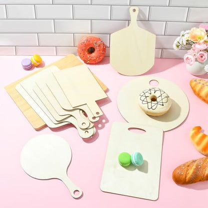 10 pcs 10 Styles Wooden Mini Cutting Board with Handle Unfinished Rectangle Round Wooden Craft Paddle Boards for DIY Home Kitchen Fruit Decor