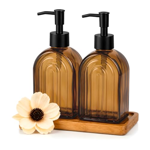 2 Pack Arch Glass Kitchen Soap Dispenser with Acacia Wood Tray, 11oz Amber Rainbow Decorative Hand Soap Dispenser with Rustproof Pump, Refillable Liquid Dispenser for Kitchen, Bathroom, Countertop - color: Amber