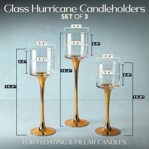 Royal Imports Glass Candleholder Flower Vase Set of 3, Gold | Floating & Pillar Candle Centerpiece Display, Decorative Hurricane on Pedestal for Home or Wedding