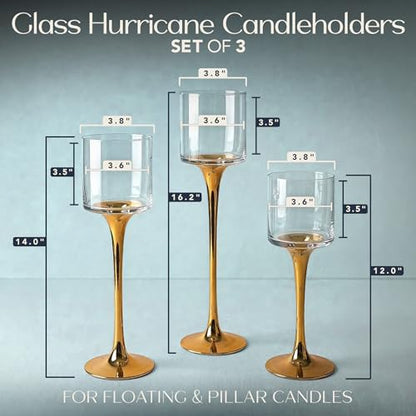 Royal Imports Glass Candleholder Flower Vase Set of 3, Gold | Floating & Pillar Candle Centerpiece Display, Decorative Hurricane on Pedestal for Home or Wedding